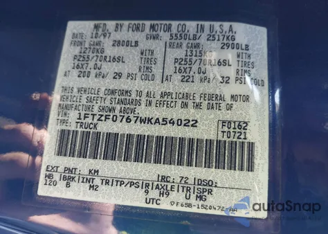 1998 Ford F-150 Lariat/Xl/Xlt from USA, damaged, VIN 1FTZF0767WKA54022